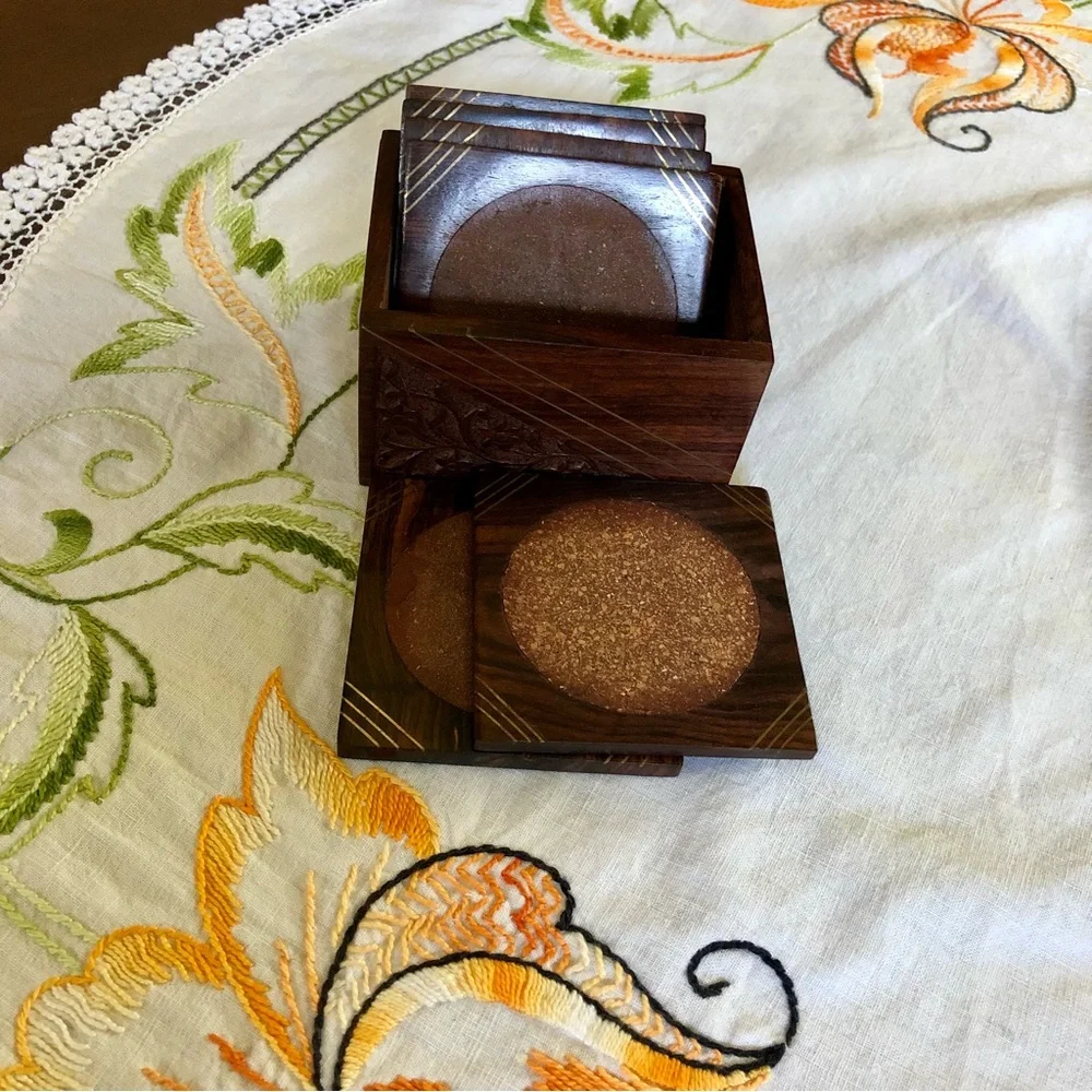 Vintage Rosewood Box with Set of Six Coasters. Brass Inlay and Floral Carving